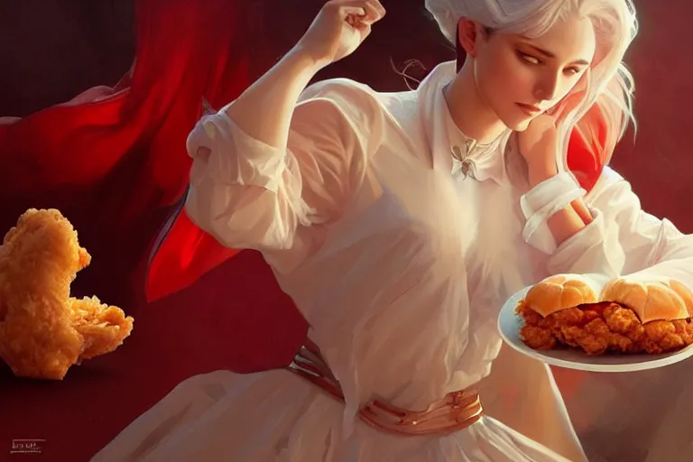 Image similar to kfc chicken, portrait, elegant, intricate, digital painting, artstation, concept art, smooth, sharp focus, illustration, art by artgerm and greg rutkowski and alphonse mucha