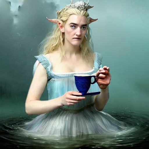 Prompt: a 1 8 th century, silver haired, ( ( mad ) ) ) elf princess look like ( ( young kate winslet ) ), dressed in a ragged, wedding dress, is drinking a cup of tea. everything is underwater, floating. greenish blue, theatrical, oil canvas by greg rutkowski, artgerm