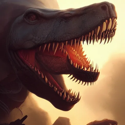 Image similar to a portrait of a trex, dramatic lighting, cinematic, establishing shot, extremly high detail, photorealistic, cinematic lighting, artstation, style by greg rutkowski