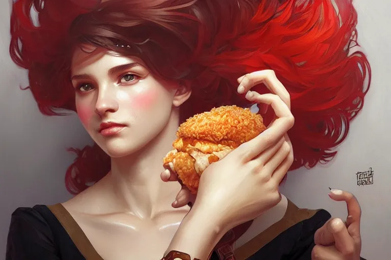 Image similar to kfc chicken, portrait, elegant, intricate, digital painting, artstation, concept art, smooth, sharp focus, illustration, art by artgerm and greg rutkowski and alphonse mucha