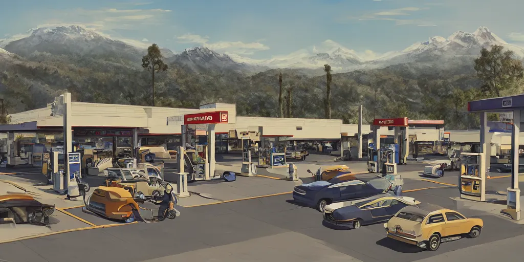 Image similar to a gas station and a parking lot in california, david febland, artstation, matte painting