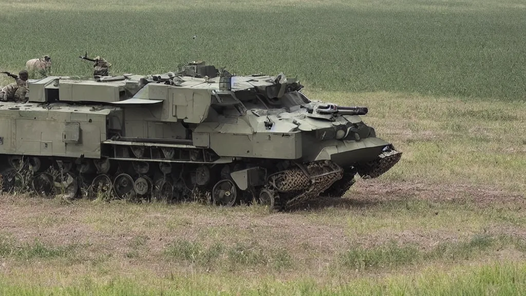 Prompt: A Ukrainian armored battle tractor with weapons