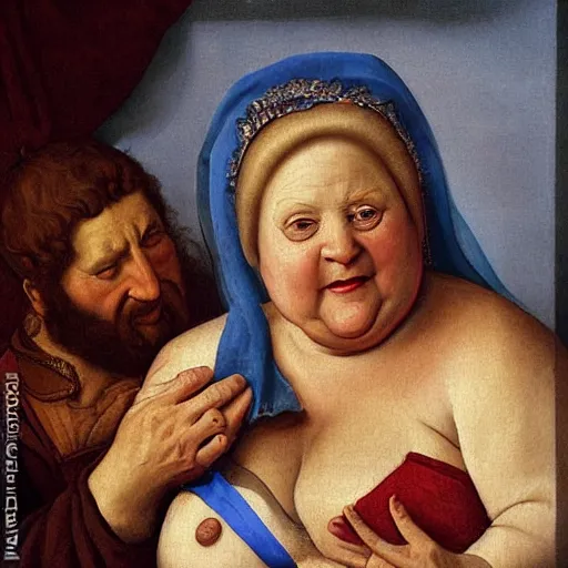 Prompt: of a very funny renaissance style oil painting of a sweet fat old woman kissing herself. symmetrical face, red mouth, blue eyes. a flowered dress. a hyper - realistic scene. 3 d, octane processing, deep focus, white scene. a very funny and sweet picture. unreal engine. watercolor. fellini style. poster quality. da vinci painting style.
