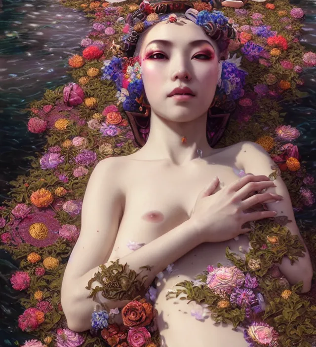 Image similar to baroque portrait of one steampunk bohemian geisha woman of porceline skin lying down in a river made of thousand of flowers, cinematic lighting, photorealistic, octane render, 8 k, depth of field, art by artgerm and greg rutkowski and alphonse mucha and uang guangjian