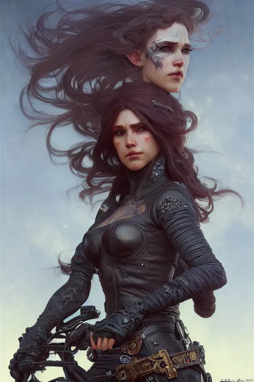 Prompt: painting of elf biker badass, perfect face, ultra realistic, concept art, intricate details, eerie, highly detailed, photorealistic, octane render, 8 k, unreal engine. art by artgerm and greg rutkowski and magali villeneuve and alphonse mucha