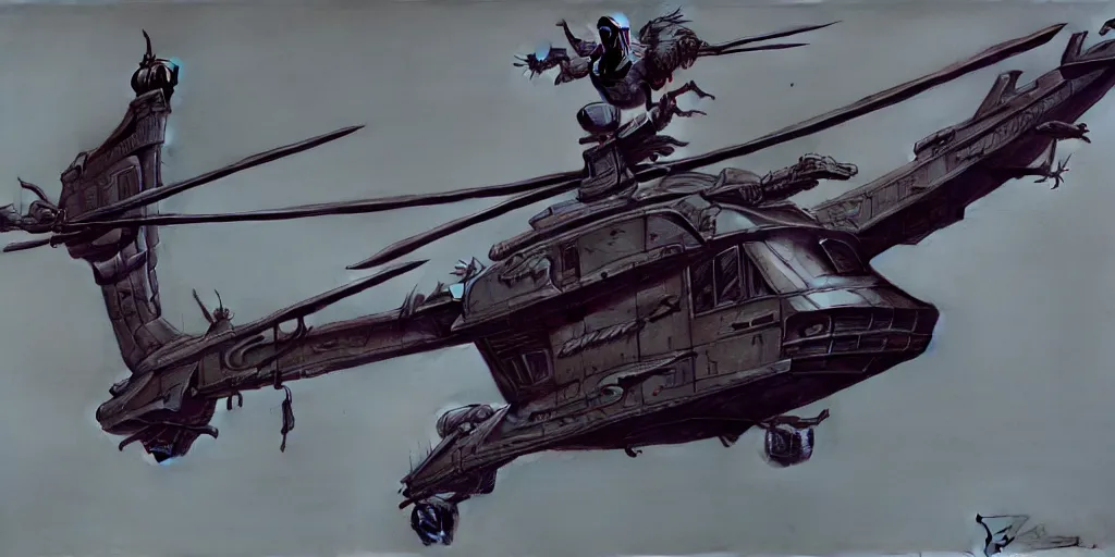 Prompt: an armored helicopter by wayne barlowe and duchamp, simon bisley, syd mead, rococo, boris vallejo, sharp focus, trending on artstation, cinematic lighting, hyper realism, octane render, 8 k, hyper detailed, vivid, ultra detailed, highly detailed