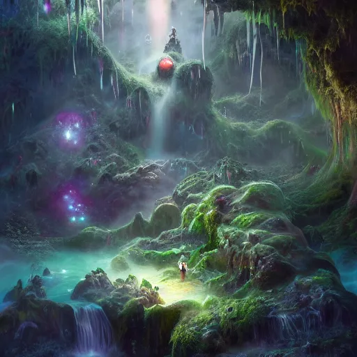 Prompt: tom bagshaw, mythical gigantic space cavern, soft painting render curiosities carnival pond vegetation rocks mushrooms and tentacles covered moss, luminescent wisps, stunning waterfall, accurate features, focus, very intricate ultrafine details, random volumetric lighting, fog, award winning masterpiece, octane render 8 k hd, artstation