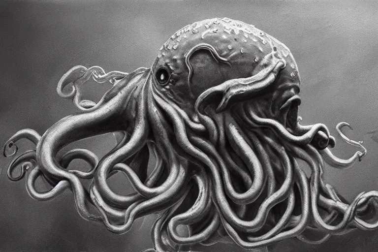 Prompt: ultra realist soft painting of the head of Cthulhu barely visible in the fog, slimy tentacles, very intricate details, ultra dense fog, golden ratio, volumetric black and white lighting, reflections, refractions, symmetry accurate anatomy features, unreal render