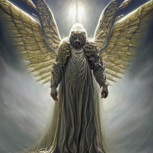 Image similar to photorealistic biblically accurate alien archangel the style of michael whelan and gustave dore. hyperdetailed photorealism, 1 0 8 megapixels, amazing depth, glowing rich colors, powerful imagery, psychedelic overtones, 3 d finalrender, 3 d shading, cinematic lighting, artstation concept art