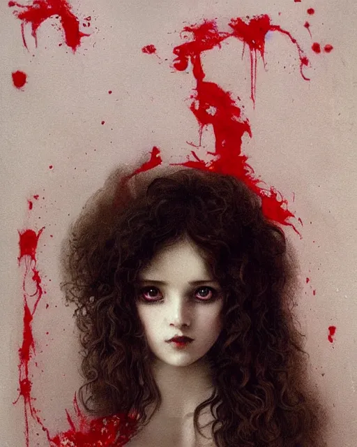 Image similar to a beautiful but sinister girl in layers of fear, with haunted eyes and curly hair, 1 9 7 0 s, seventies, delicate embellishments, a little blood, crimson, painterly, offset printing technique, by alexandre cabanel