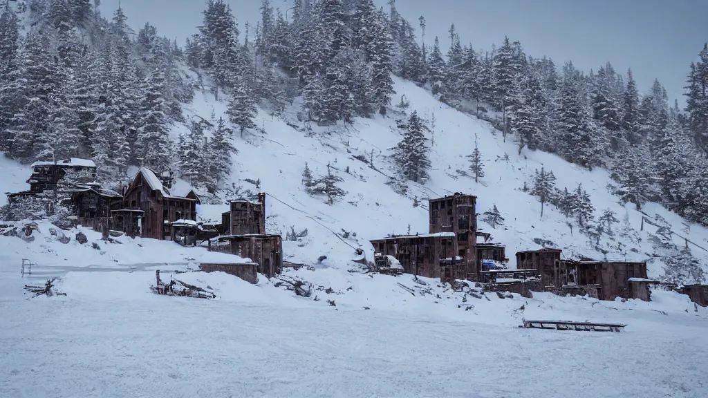 Image similar to beautiful Nier Automata landscape at an abandonned ski station, near a chairlift, winter