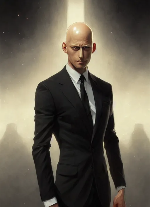 Image similar to ultra realistic illustration, handsome saitama. intricate, elegant, black suit, highly detailed, digital painting, artstation, concept art, smooth, sharp focus, illustration, art by artgerm and greg rutkowski and alphonse mucha and wlop