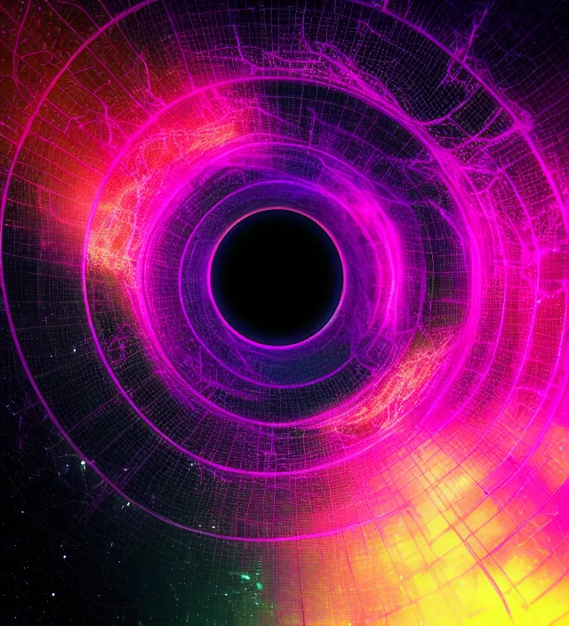 Image similar to an iridescent wormhole wireframe absorbing a galaxy, dark synthwave, aesthetic mood, vintage, sci - fi, inspired by tim white, 4 k