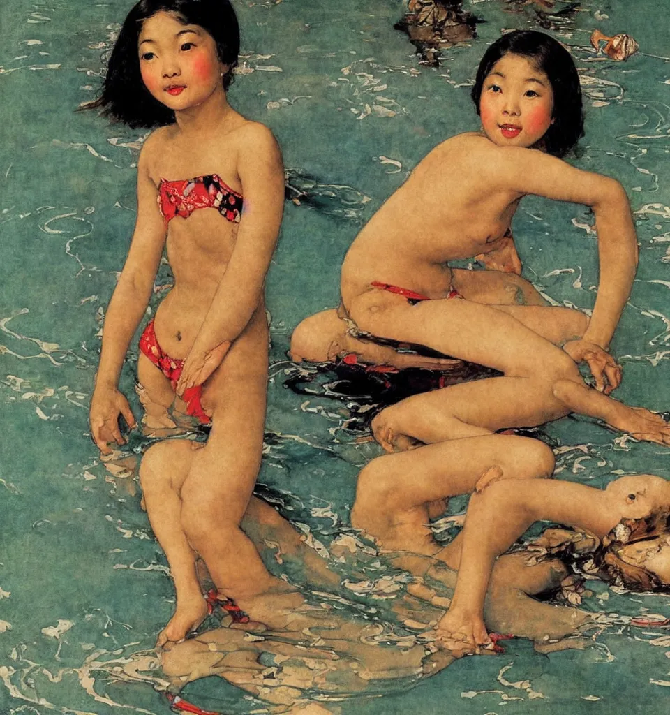 Image similar to a beautiful asian girl swimming by Norman Rockwell