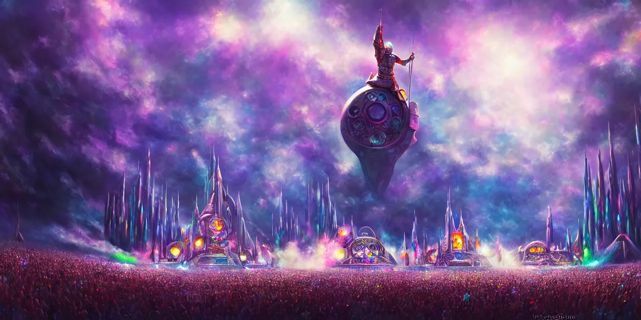 Prompt: tomorrowland, hyper - realistic illustration of a knight, in a sci - fi music festival, digital painting, sharp focus