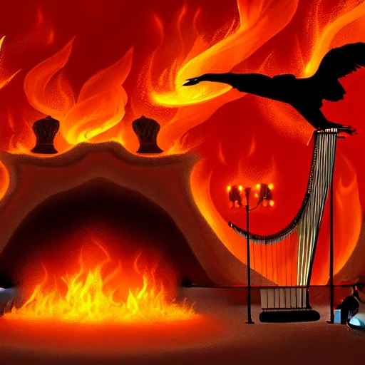 Image similar to in the lower part of the picture is the harp burning in the fire, above are cranes flying in flames, digital painting, concept art