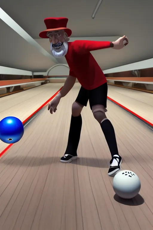 Image similar to a stylized 3 d old man character bowling, wearing short shorts, long socks and a bowlers shirt