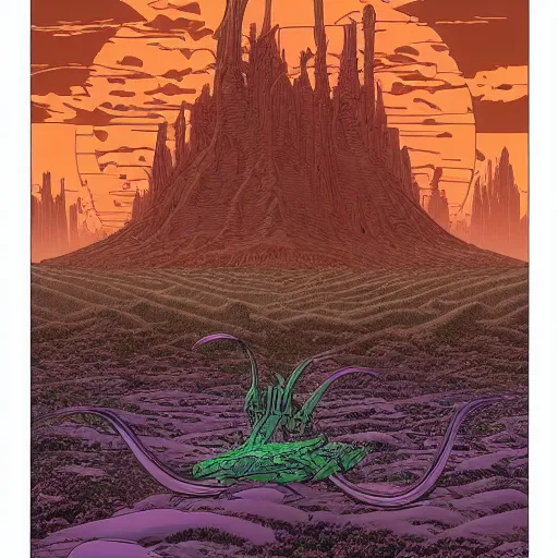 Prompt: an epic horrifying fantastic hyperdetailed matte painting beautiful retro sci fi landscape, by moebius by geoff darrow by dan mumford