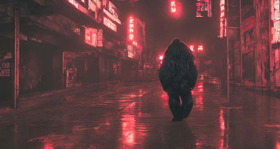 Image similar to gorilla wearing a red akira jacket, walking down a blade runner street, looking suspicious, by ash thorp