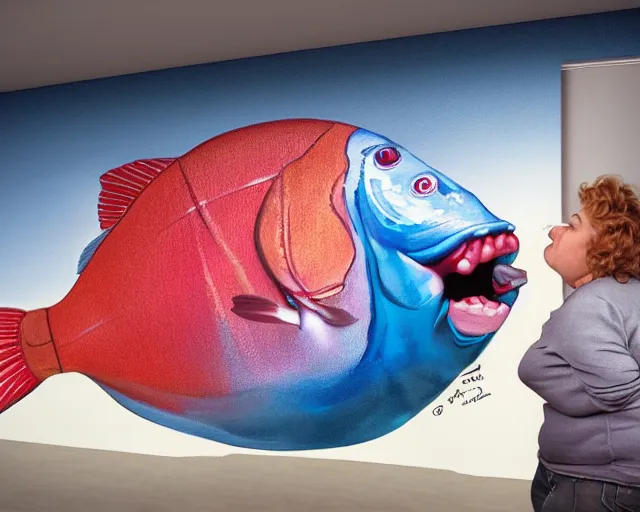 Image similar to an innocent and beautiful scene in hyper realistic style, about an fat old woman painting a huge colorful fish on the wall, lighting from the barred window. shadows. 4 k. wide angle. wild mood. red mouth, blue eyes. deep focus, lovely scene. ambient occlusion render. unreal engine.