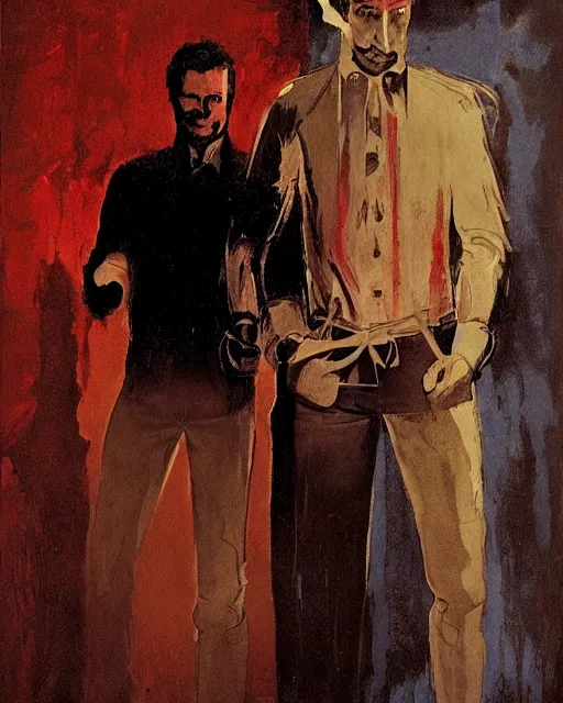 Prompt: two handsome but sinister men wearing oxford shirts in dead space, with haunted eyes, 1 9 7 0 s, seventies, wallpaper, a little blood, moonlight showing injuries, delicate embellishments, painterly, offset printing technique, by brom, robert henri, walter popp