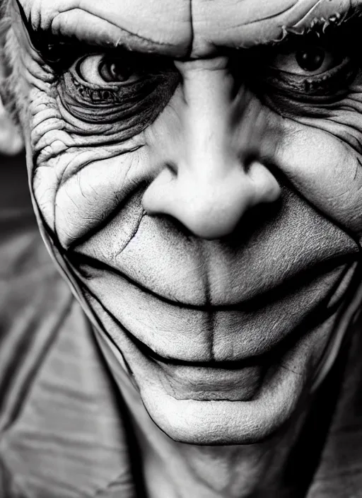 Prompt: photo of Hugo Weaving as the Joker by Lee Jeffries , big smile, head shot, detailed, award winning, Sony a7R