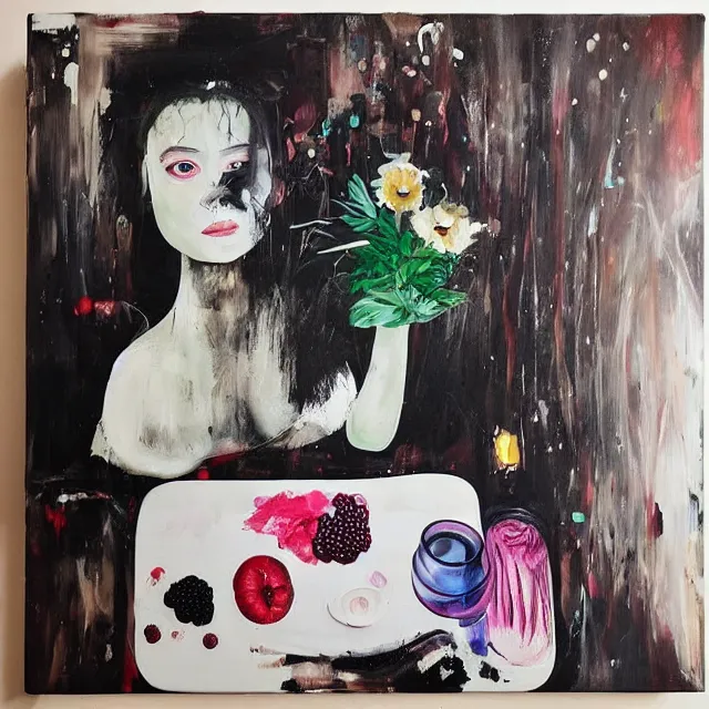 Image similar to “ a portrait in a female art student ’ s apartment, sensual, a pig theme, art supplies, paint tubes, ikebana, herbs, a candle dripping white wax, black walls, squashed berries, berry juice drips, acrylic and spray paint and oilstick on canvas, surrealism, neoexpressionism ”