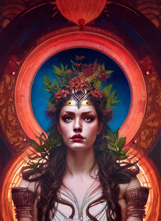 Prompt: the goddess hera looking angry wearing a paper tunic, glowing eyes, volumetric lights, red and cyan theme, art nouveau botanicals, intricate, highly detailed, digital painting, artstation, concept art, smooth, sharp focus, symmetric face, illustration, art by artgerm and greg rutkowski and alphonse mucha