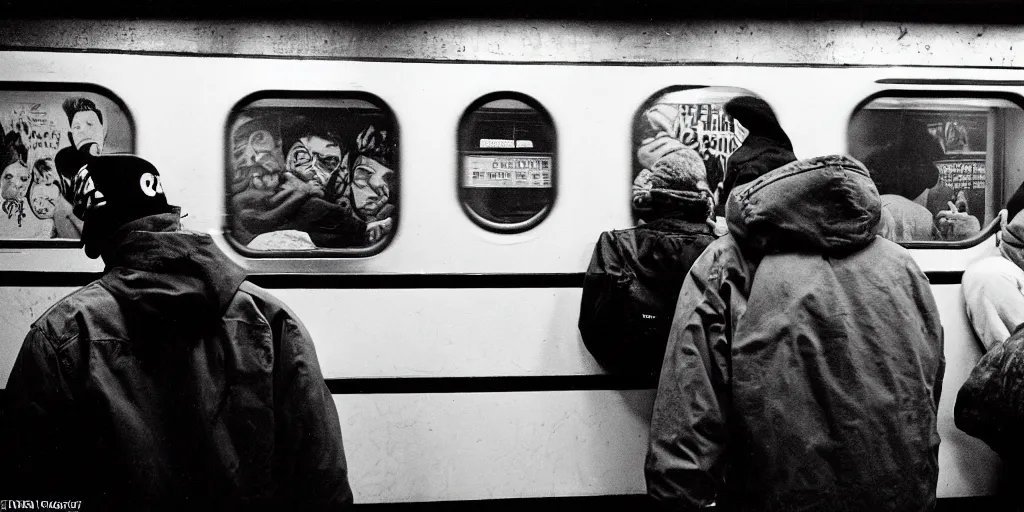 Prompt: new york subway cabin 1 9 8 0 s inside all in graffiti, man in carhartt jacket closeup, policeman closeup, passengers, film photography, exposed b & w photography, christopher morris photography, bruce davidson photography