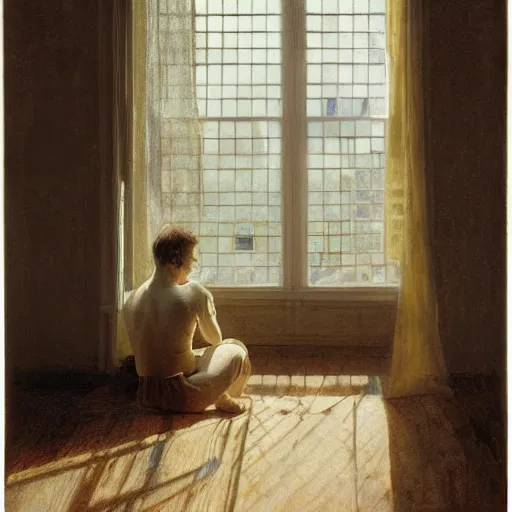 Image similar to person in pyjamas standing near window, sun rays, daylight, french door window, 2 4 mm, anamorph lenses, photorealistic, high ceiling, painting by thomas eakins