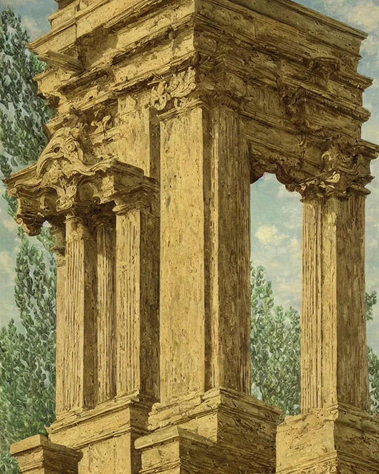 Prompt: achingly beautiful painting of intricate ancient roman ionic capital on olive drab background by rene magritte, monet, and turner. giovanni battista piranesi.