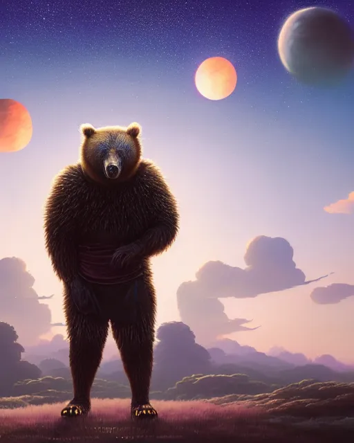 Image similar to highly detailed surreal vfx portrait of a metallic chromatic samurai bear in front of planets filled sky, stephen bliss, unreal engine, greg rutkowski, loish, rhads, beeple, makoto shinkai and lois van baarle, ilya kuvshinov, rossdraws, tom bagshaw, alphonse mucha, global illumination, detailed and intricate environment