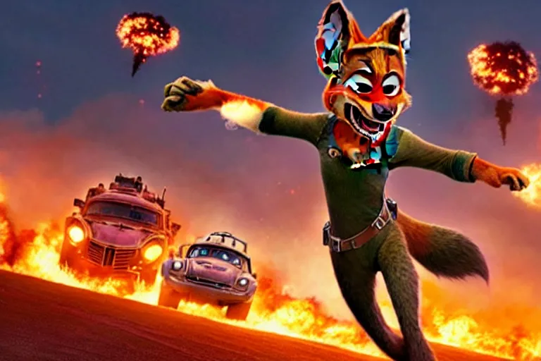 Image similar to nick wilde ( from zootopia ), heavily armed and armored facing down armageddon in a dark and gritty reboot from the makers of mad max : fury road