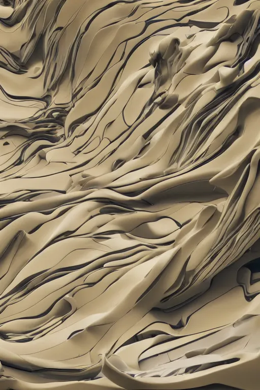 Image similar to ios 1 5 perfect abstract modern art, canyon topography, plastic paint suspended in oil, cinematic architectural scale, dramatic, volumetric, concept art, particle simulation in houdini by james jean and bridget riley and apple, beige cream natural muted tones, trending on artstation, rendered in octane