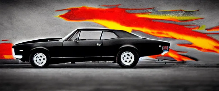 Image similar to black audi camaro b 1 ( 1 9 6 7 ) with burning livery, retro poster, establishing shot