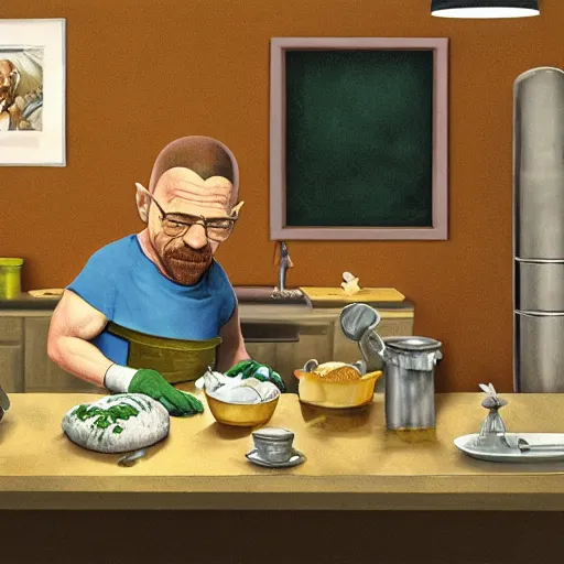 Prompt: Walter White cooking with Shrek, concept art, hyperrealistic, professional photograph