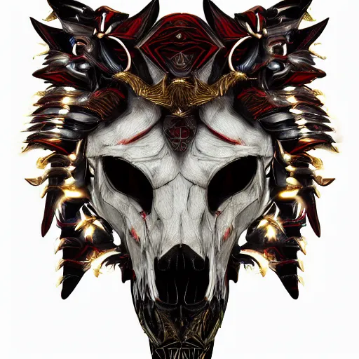 Prompt: portrait closeup of half wolf skull half iroquois warrior skull, dramatic lighting, circural, golden ornaments, symmetric, intricate skeletal decorations, symmetry, highly detailed, concept art, black, glimpse of red, white, gold layers, centered, style of nekroxiii, hyperrealistic, black background, smoke