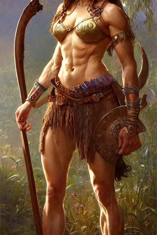 Prompt: full body portrait, thin muscular viking amazon warrior woman, 6 pack ab, symmetrical beautiful face, relaxed pose. by stanley artgerm lau, greg rutkowski, thomas kindkade, alphonse mucha, loish, norman rockwell ross tran