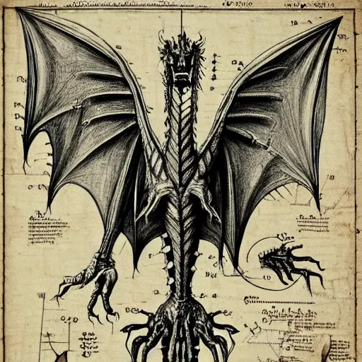 Prompt: anatomical drawing of dragon, davinci style, medical drawing, blueprint, schematic, old