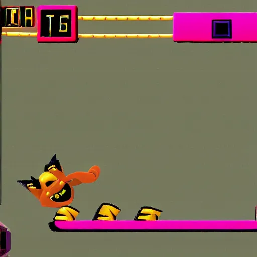 Prompt: Bubsy the Bobcat falling from a great height on to spikes, screenshot from the Atari Jaguar 1999, upward facing camera