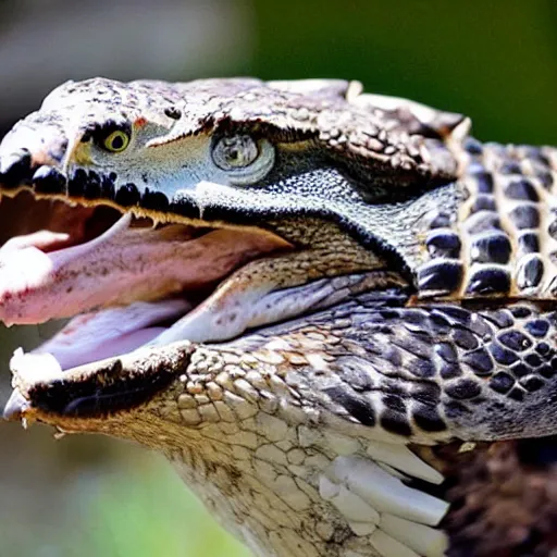 Prompt: hawk and crocodile morphed together, half crocodile, half hawk, real picture taken in zoo