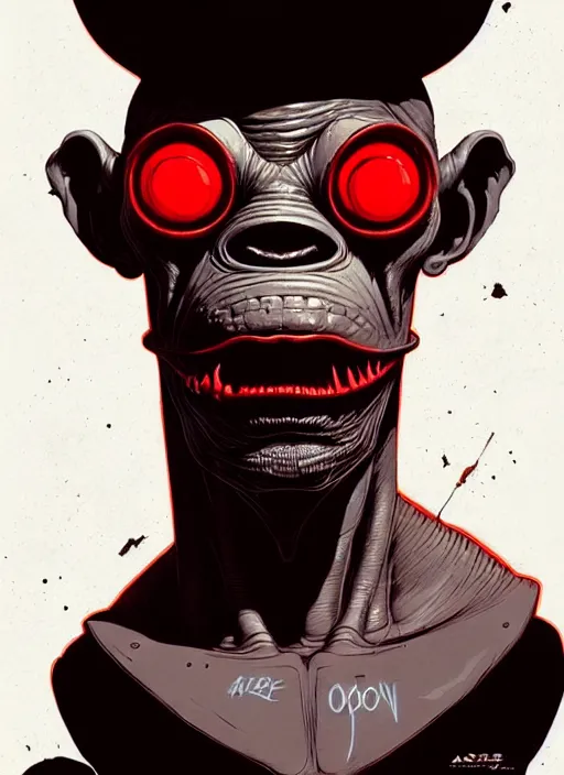 Image similar to highly detailed closeup of abe, from abe's oddworld video game, mudokon by atey ghailan, by greg rutkowski, by greg tocchini, by james gilleard, by joe fenton, by kaethe butcher, gradient red, black, brown and white color scheme, grunge aesthetic!!! white graffiti tag wall background