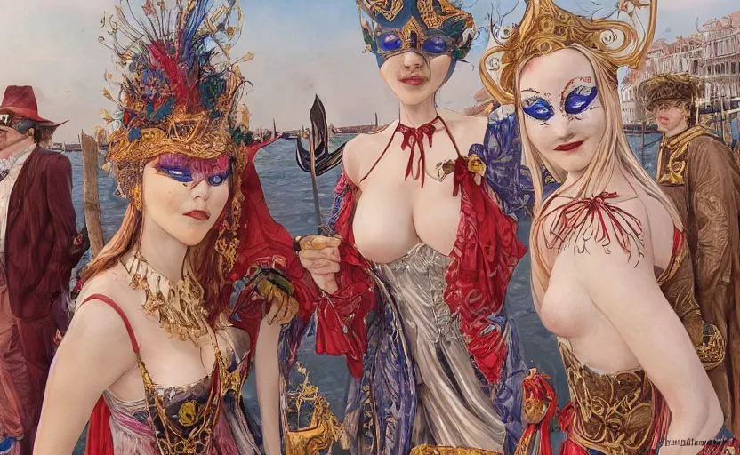 Prompt: realistic detailed portrait of the enchanted venice carnival dream with dancing masked people, behance hd artstation, minimalist design, by milo manara feminine, female, sexy, seductive, art nouveau, cyberpunk, neo - gothic, gothic, character concept design, dynamic light, stylised illustration