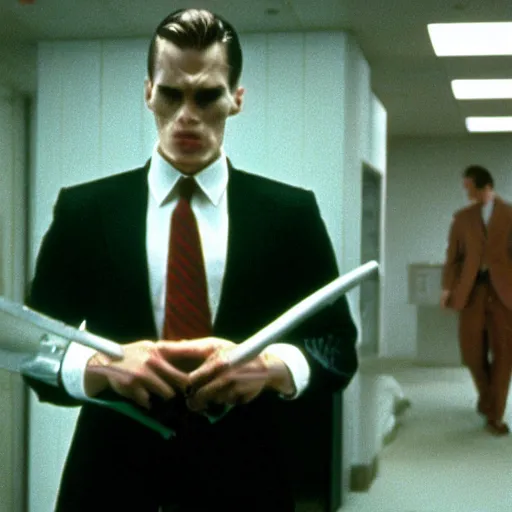 Image similar to Anthromorphic dragon man in the American Psycho (2000), doing the Bateman stare, cinematic still, 4K Bluray