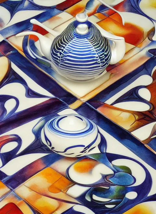 Prompt: Escher inspired teapot, designed by Rene Lalique, studio photography on a Leonid Afremov tablecloth, breakfast