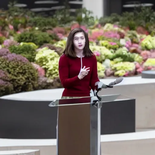 Image similar to reuters photograph of a female mark zuckerberg giving a keynote speech on apple park