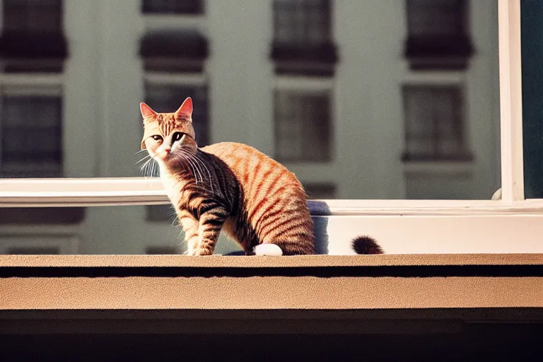 Prompt: vfx film closeup, cat on a window ledge, flat color profile low - key lighting award winning photography arri alexa cinematography, hyper real photorealistic cinematic, atmospheric cool colorgrade