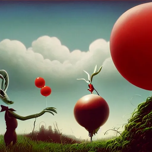 Image similar to matte painting of bugs bunny with a wide smile and a red balloon by Zdzisław Beksiński, loony toons style, pennywise style, corpse bride style, creepy lighting, horror theme, detailed, elegant, intricate, conceptual,