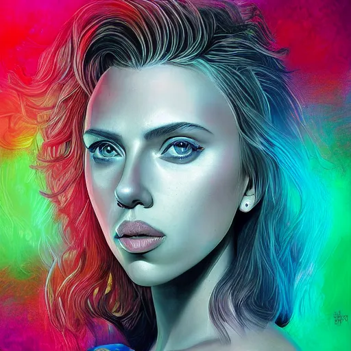 Image similar to An extremely psychedelic portrait of Scarlett Johansson, surreal, LSD, face, detailed, intricate, elegant, lithe, highly detailed, digital painting, artstation, concept art, smooth, sharp focus, illustration