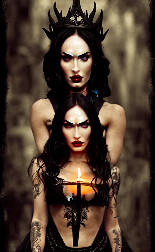 Prompt: megan fox witch queen, black eyes, blood, full body, intricate victorian dress, middle shot, cinematic lighting, symmetrical eyes, rafael albuquerque, charlie bowater, moody lighting, candles